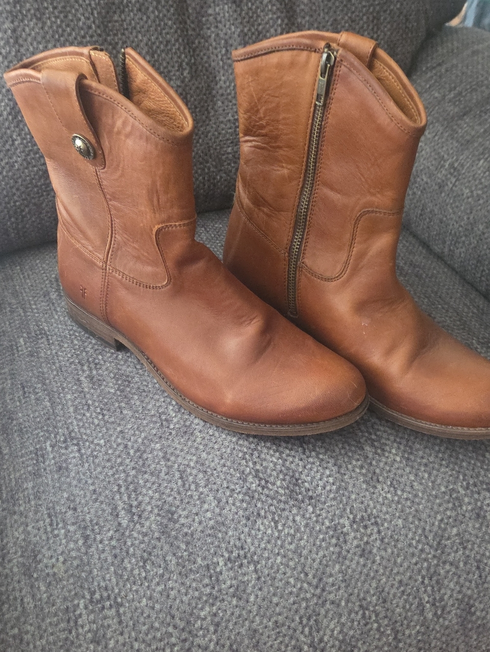 Frye Cognac Brown Leather Mid-Calf Zip Boots